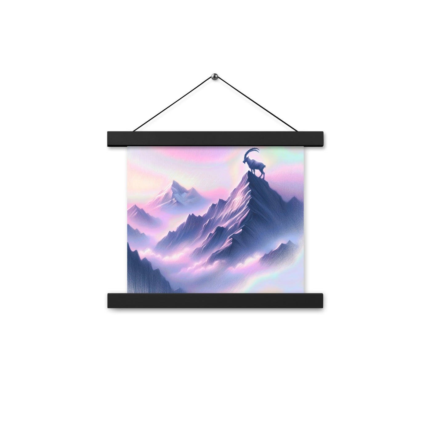 Pastellzeichnung der Alpen im Morgengrauen mit Steinbock in Rosa- und Lavendeltönen - Premium Poster mit Aufhängung berge xxx yyy zzz 25.4 x 25.4 cm