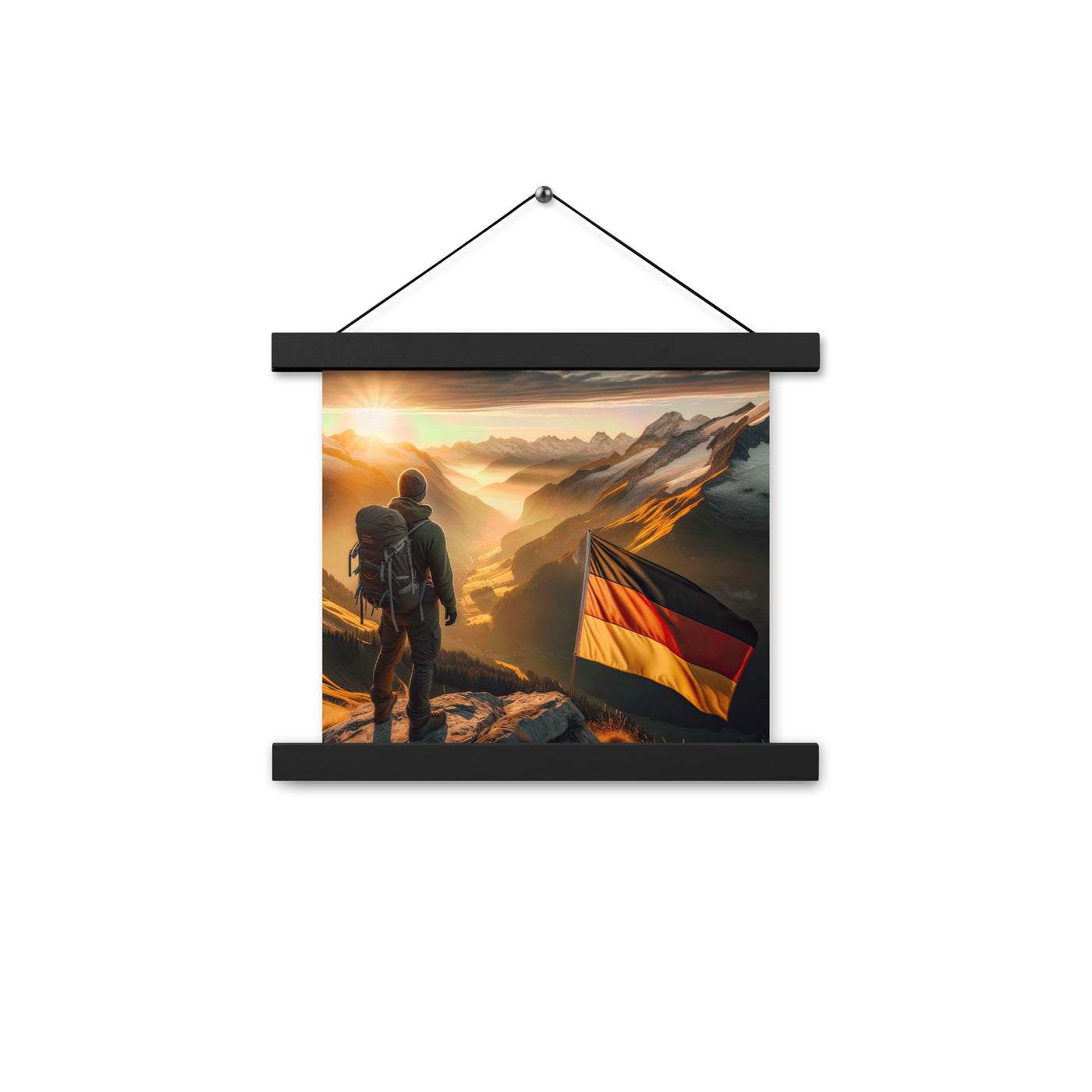 Foto der Alpen bei Sonnenuntergang mit deutscher Flagge und Wanderer, goldenes Licht auf Schneegipfeln - Enhanced Matte Paper Poster berge xxx yyy zzz 25.4 x 25.4 cm