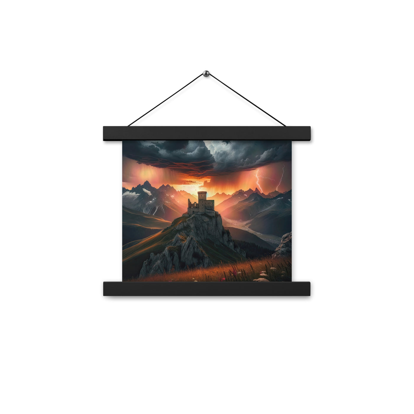 Foto einer Alpenburg bei stürmischem Sonnenuntergang, dramatische Wolken und Sonnenstrahlen - Enhanced Matte Paper Poster With Hanger berge xxx yyy zzz 25.4 x 25.4 cm