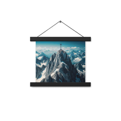 Foto der Alpen mit Gipfelkreuz an einem klaren Tag, schneebedeckte Spitzen vor blauem Himmel - Enhanced Matte Paper Poster With Hanger berge xxx yyy zzz 25.4 x 25.4 cm