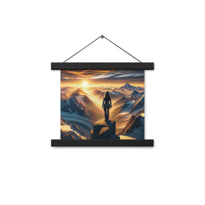 Fotorealistische Darstellung der Alpen bei Sonnenaufgang, Wanderin unter einem gold-purpurnen Himmel - Enhanced Matte Paper Poster With wandern xxx yyy zzz 25.4 x 25.4 cm