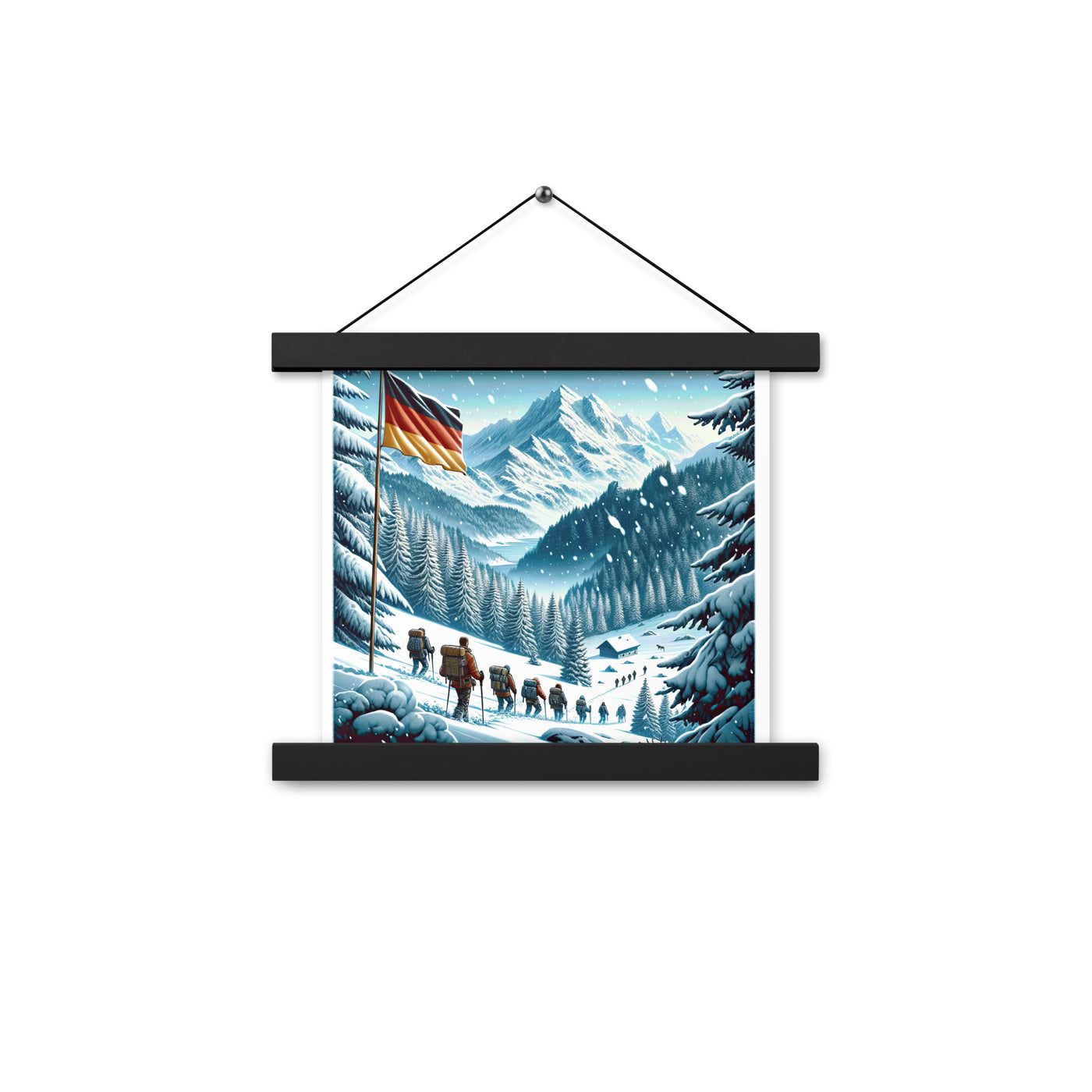 Quadratische Winterillustration der Alpen mit deutscher Flagge und Wanderteam - Premium Poster mit Aufhängung wandern xxx yyy zzz 25.4 x 25.4 cm