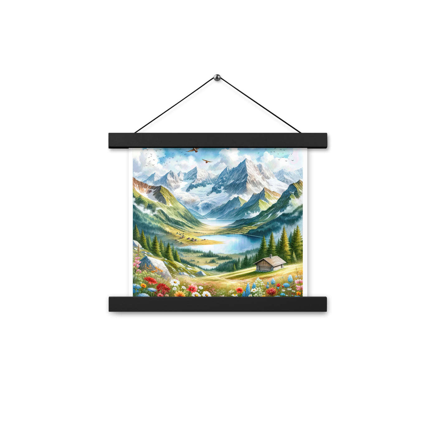 Quadratisches Aquarell der Alpen, Berge mit schneebedeckten Spitzen - Premium Poster mit Aufhängung berge xxx yyy zzz 25.4 x 25.4 cm