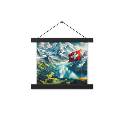 Ultraepische, fotorealistische Darstellung der Schweizer Alpenlandschaft mit Schweizer Flagge - Enhanced Matte Paper Poster With Hanger berge xxx yyy zzz 25.4 x 25.4 cm