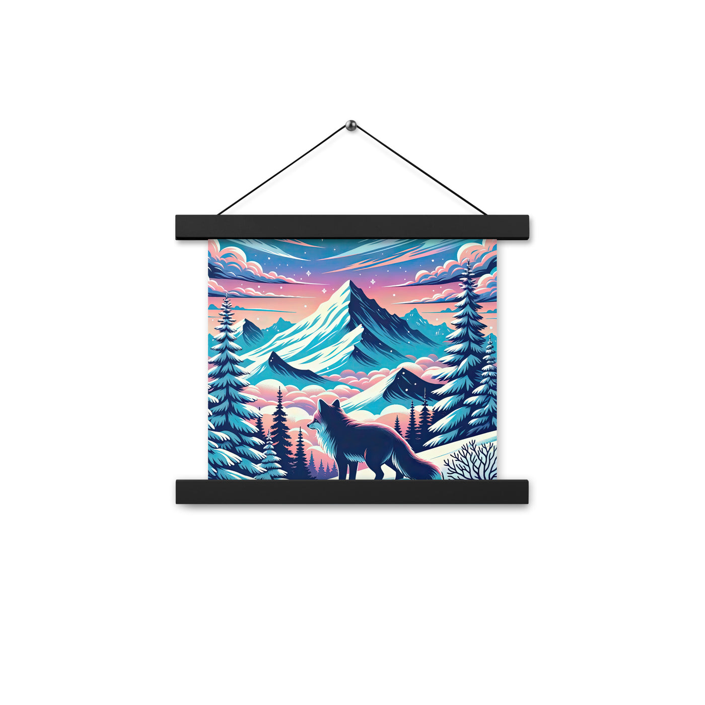 Vektorgrafik eines alpinen Winterwunderlandes mit schneebedeckten Kiefern und einem Fuchs - Premium Poster mit Aufhängung camping xxx yyy zzz 25.4 x 25.4 cm