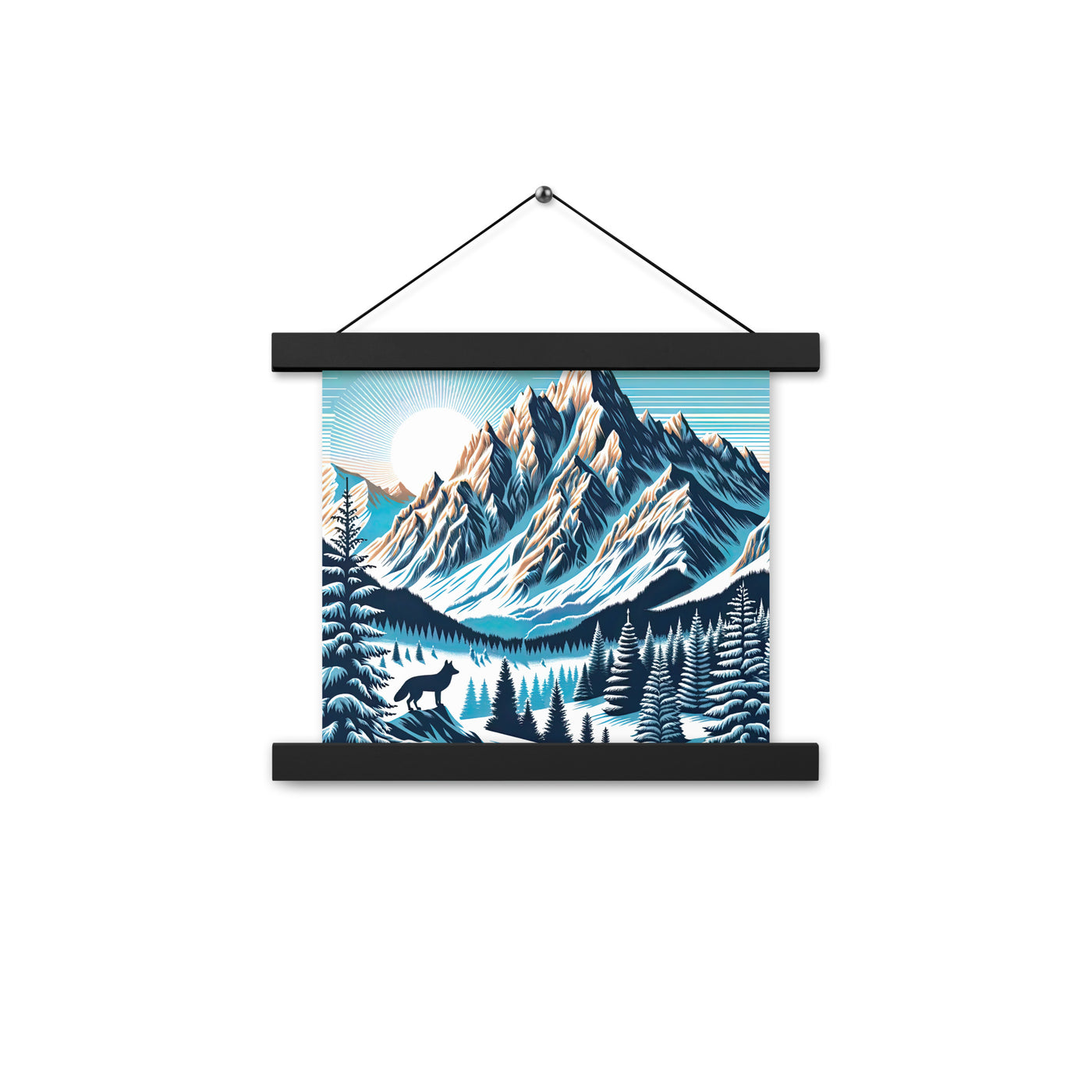 Vektorgrafik eines Wolfes im winterlichen Alpenmorgen, Berge mit Schnee- und Felsmustern - Premium Poster mit Aufhängung berge xxx yyy zzz 25.4 x 25.4 cm