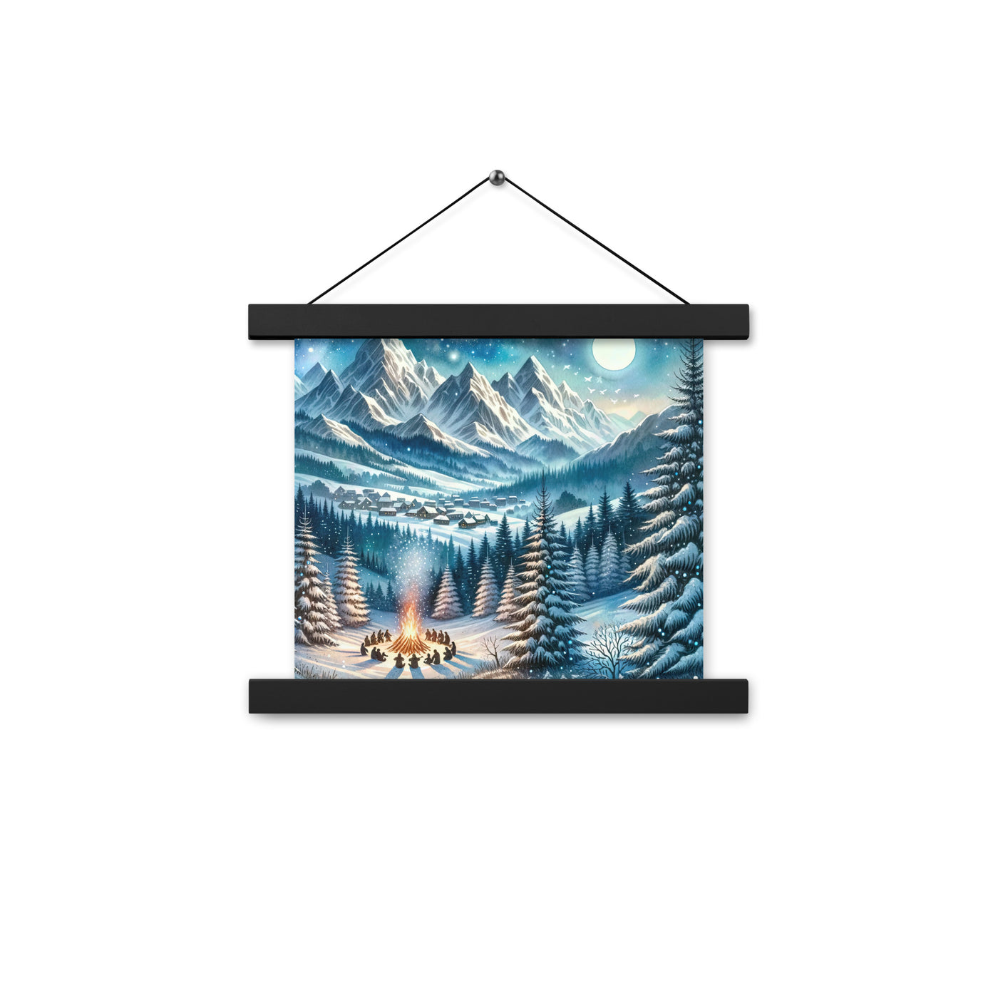 Aquarell eines Winterabends in den Alpen mit Lagerfeuer und Wanderern, glitzernder Neuschnee - Enhanced Matte Paper Poster With Hanger camping xxx yyy zzz 25.4 x 25.4 cm