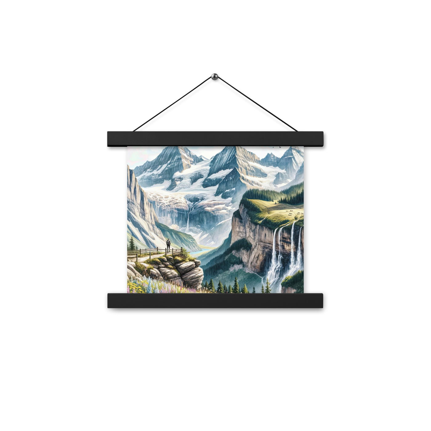 Aquarell-Panoramablick der Alpen mit schneebedeckten Gipfeln, Wasserfällen und Wanderern - Premium Poster mit Aufhängung wandern xxx yyy zzz 25.4 x 25.4 cm