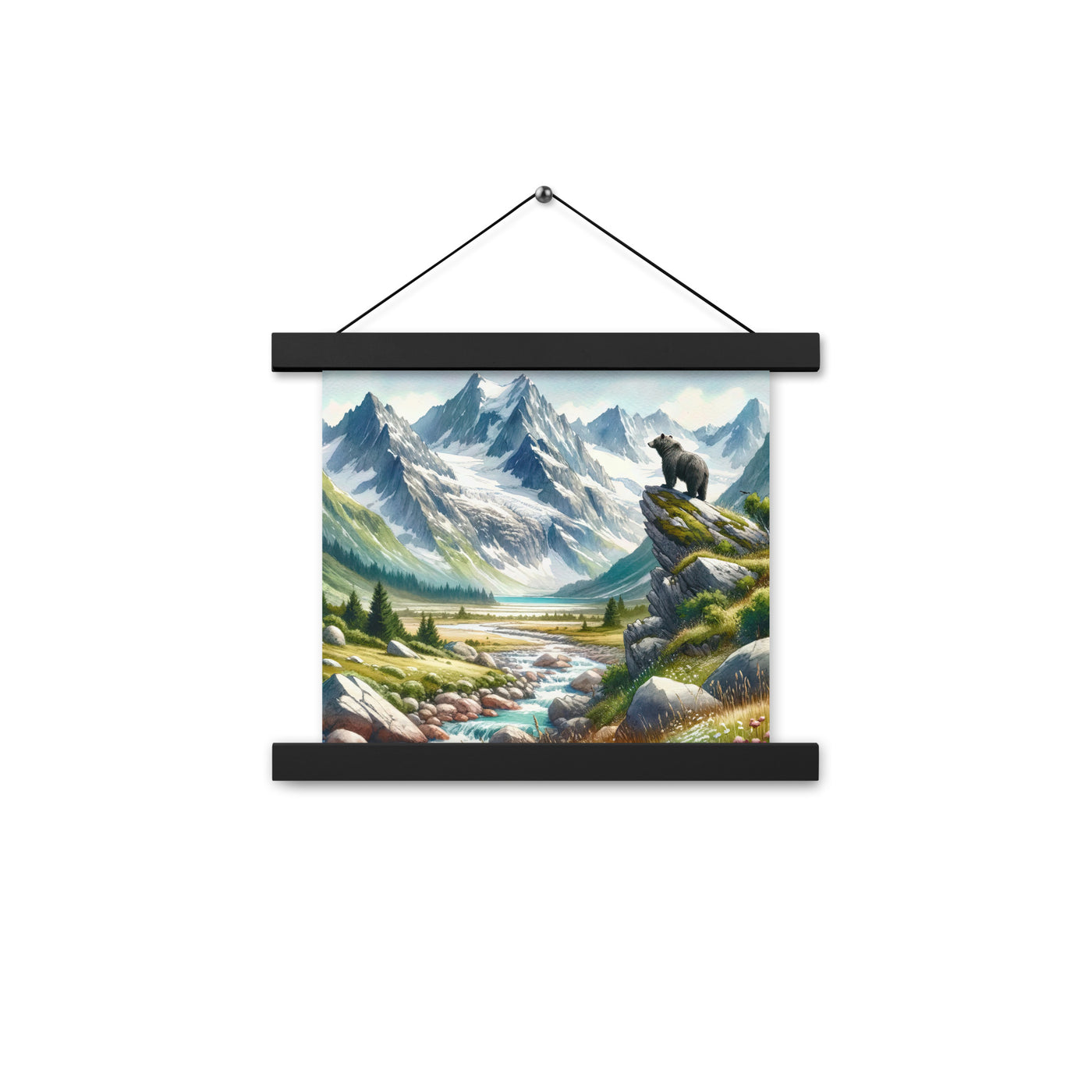 Aquarellmalerei eines Bären und der sommerlichen Alpenschönheit mit schneebedeckten Ketten - Enhanced Matte Paper Poster With Hanger camping xxx yyy zzz 25.4 x 25.4 cm