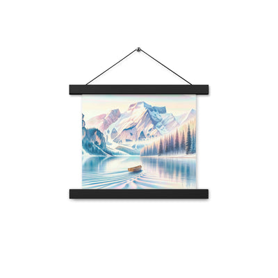 Aquarell eines klaren Alpenmorgens, Boot auf Bergsee in Pastelltönen - Premium Poster mit Aufhängung berge xxx yyy zzz 25.4 x 25.4 cm