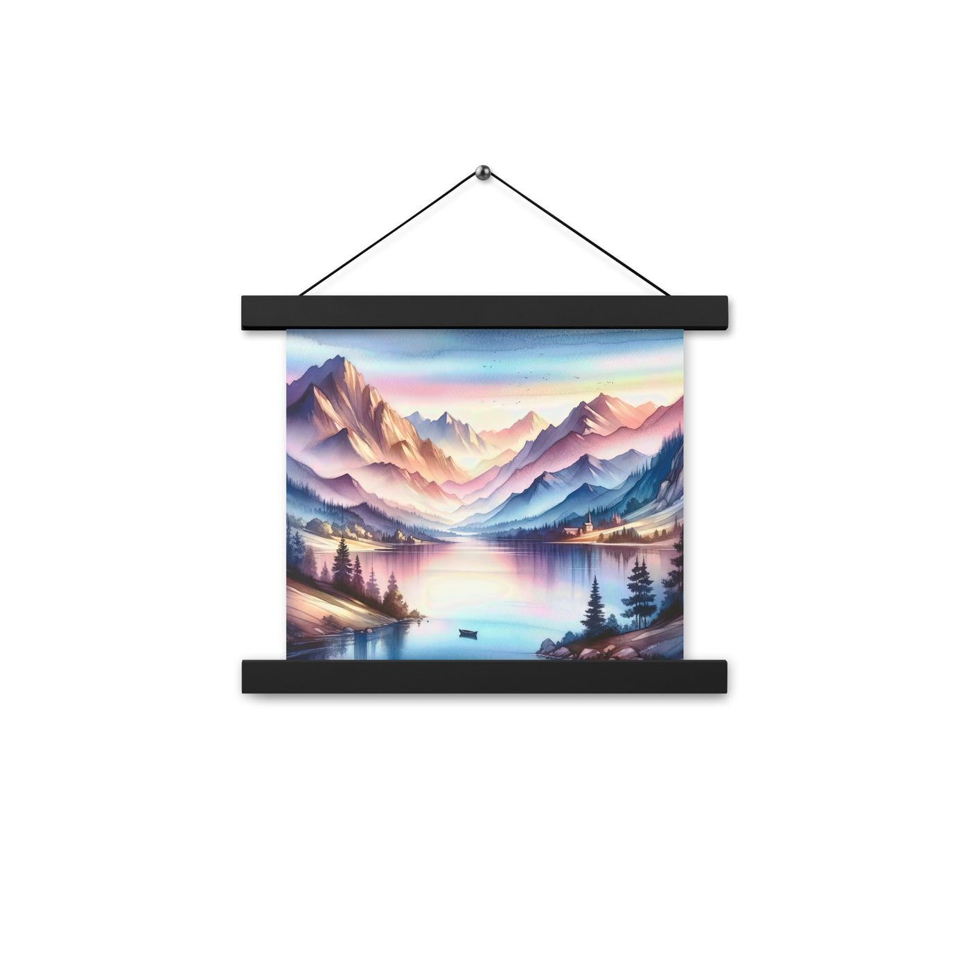 Aquarell einer Dämmerung in den Alpen, Boot auf einem See in Pastell-Licht - Premium Poster mit Aufhängung berge xxx yyy zzz 25.4 x 25.4 cm