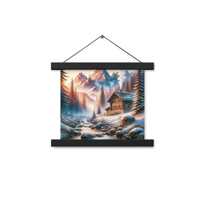 Aquarell einer Alpenszene im Morgengrauen, Haus in den Bergen - Premium Poster mit Aufhängung berge xxx yyy zzz 25.4 x 25.4 cm