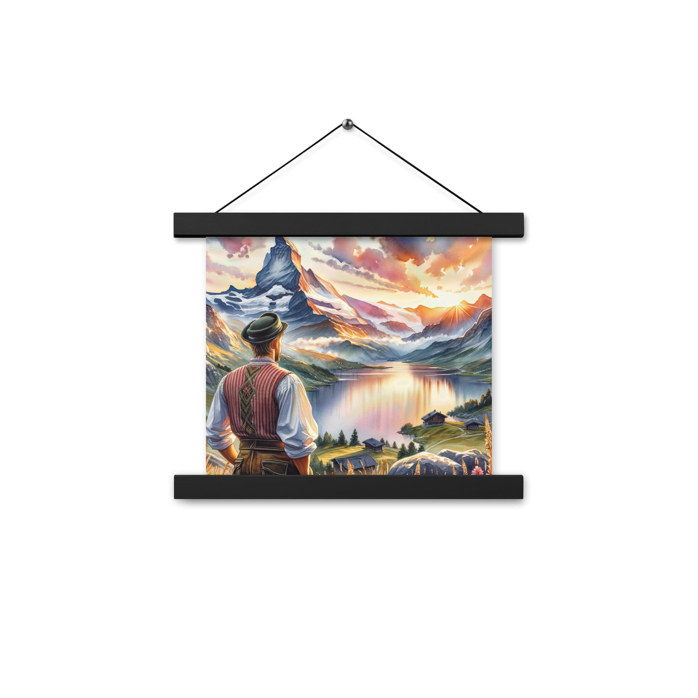Aquarell einer Berglandschaft in der goldenen Stunde mit österreichischem Wanderer - Premium Poster mit Aufhängung wandern xxx yyy zzz 25.4 x 25.4 cm