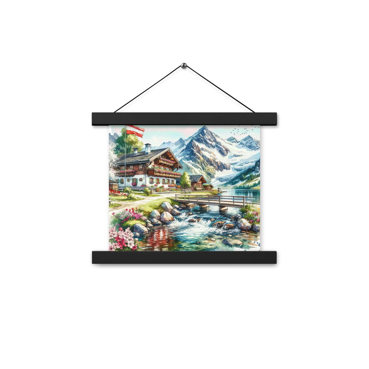Aquarell der frühlingshaften Alpenkette mit österreichischer Flagge und schmelzendem Schnee - Enhanced Matte Paper Poster With Hanger berge xxx yyy zzz 25.4 x 25.4 cm