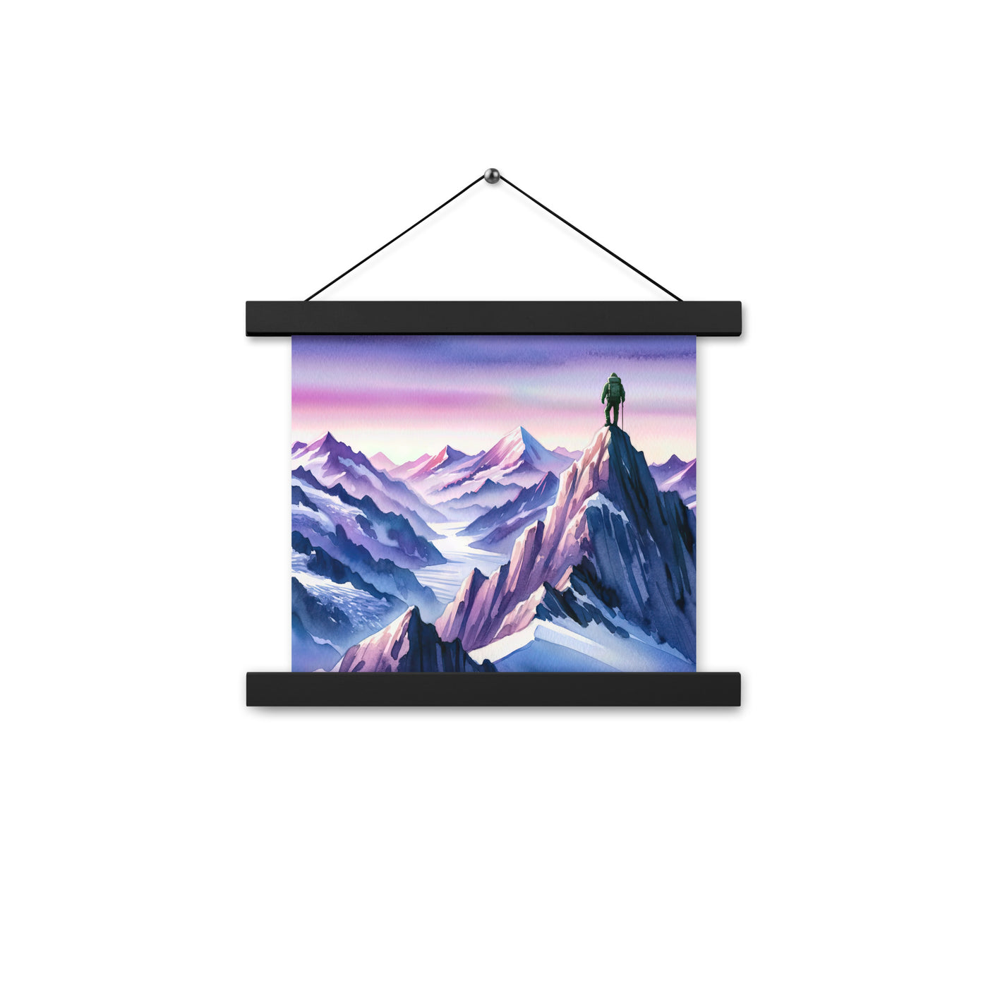 Aquarell eines Bergsteigers auf einem Alpengipfel in der Abenddämmerung - Premium Poster mit Aufhängung wandern xxx yyy zzz 25.4 x 25.4 cm