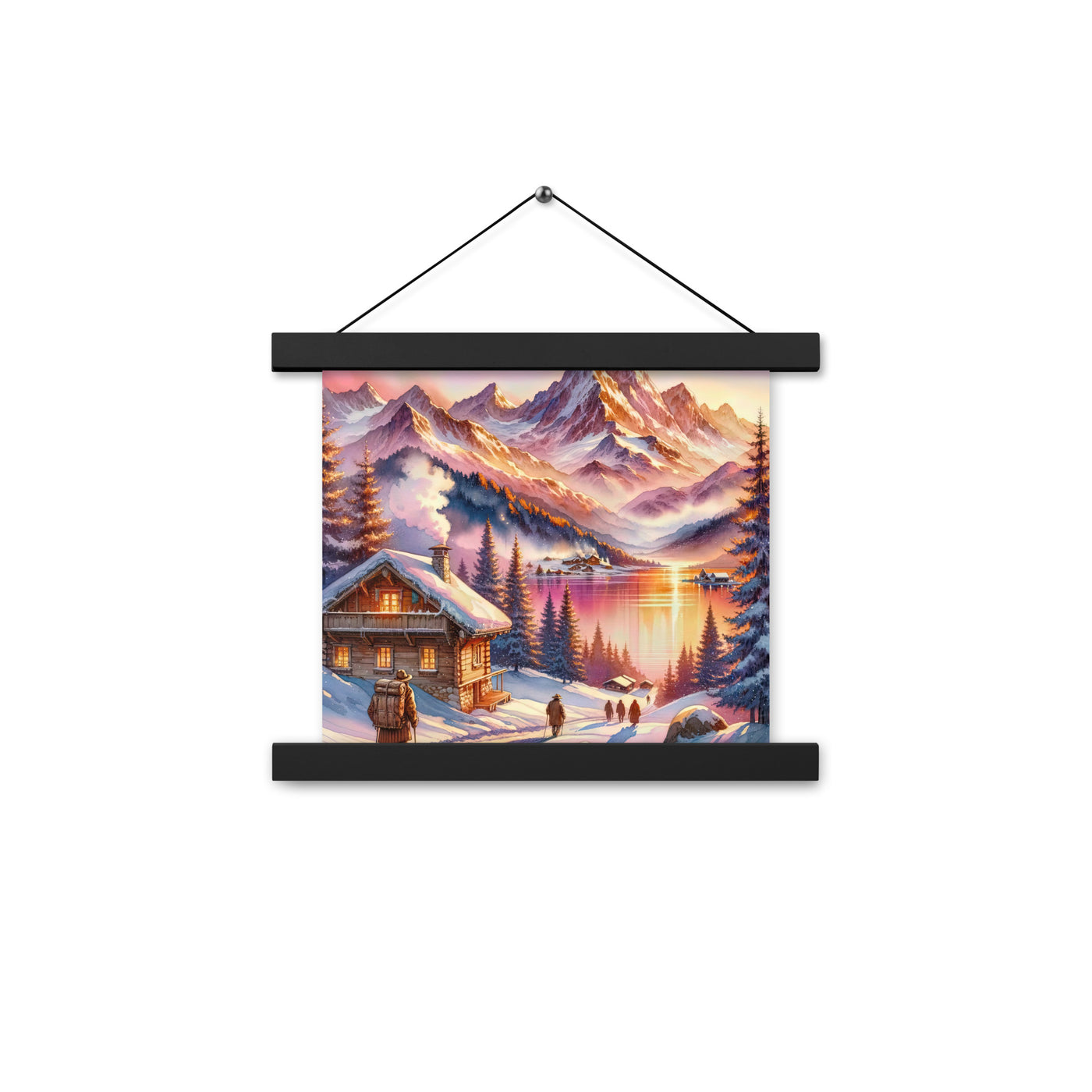 Aquarell eines Alpenpanoramas mit Wanderern bei Sonnenuntergang in Rosa und Gold - Premium Poster mit Aufhängung wandern xxx yyy zzz 25.4 x 25.4 cm