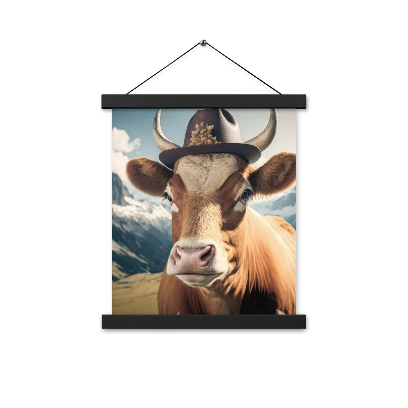 Kuh mit Hut in den Alpen - Berge im Hintergrund - Landschaftsmalerei - Premium Poster mit Aufhängung berge xxx Black 27.9 x 35.6 cm