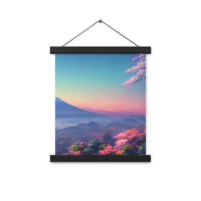 Berg und Wald mit pinken Bäumen - Landschaftsmalerei - Premium Poster mit Aufhängung berge xxx Black 27.9 x 35.6 cm