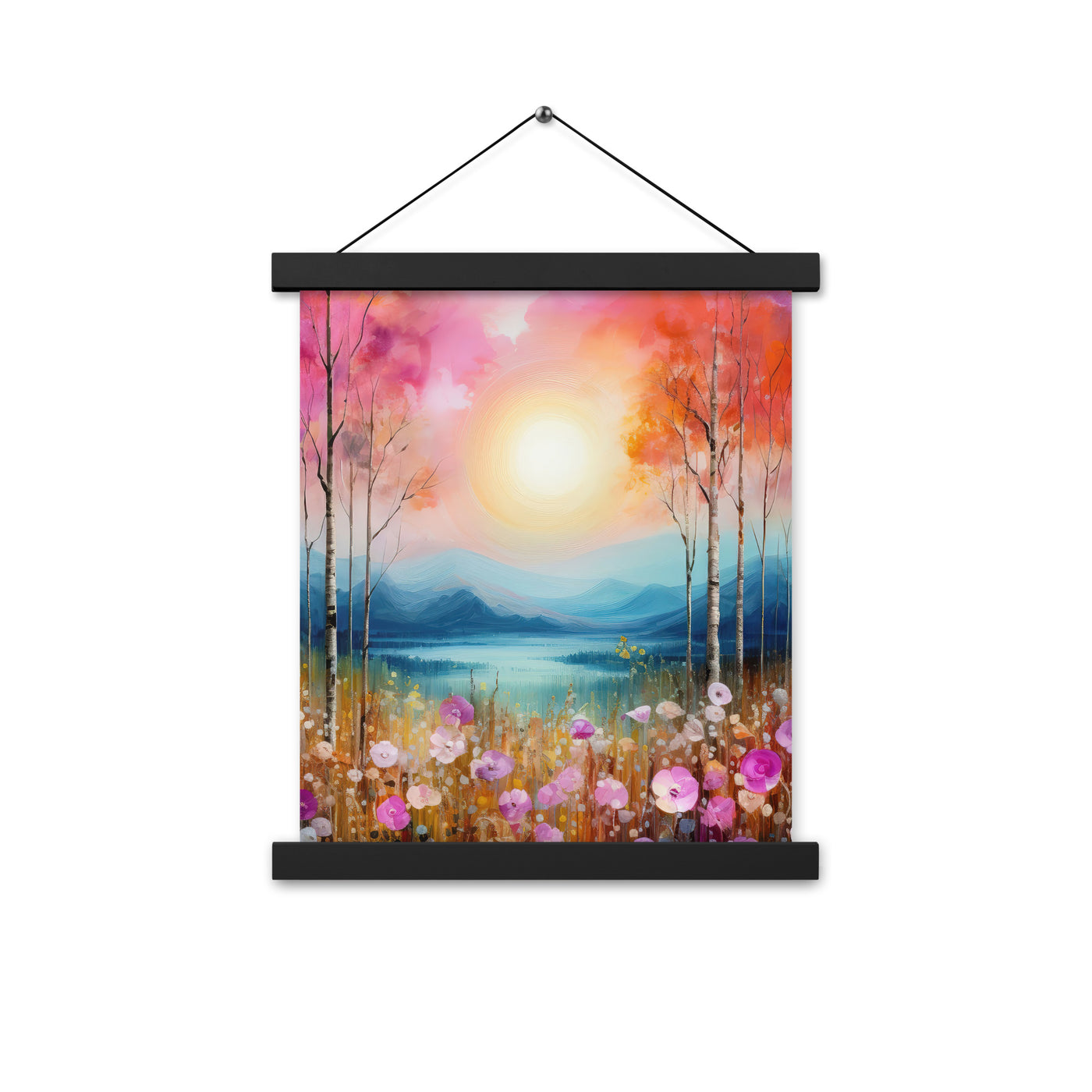 Berge, See, pinke Bäume und Blumen - Malerei - Premium Poster mit Aufhängung berge xxx 27.9 x 35.6 cm