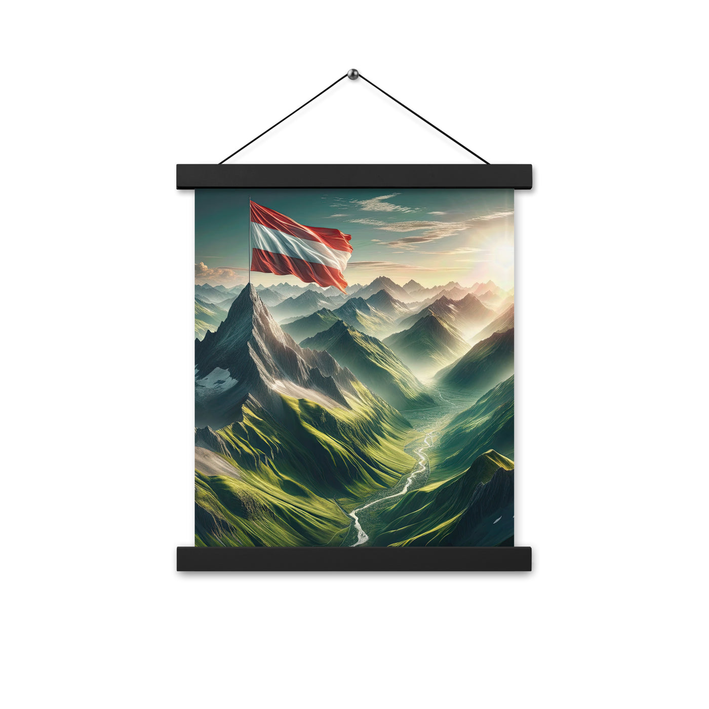 Alpen Gebirge: Fotorealistische Bergfläche mit Österreichischer Flagge - Premium Poster mit Aufhängung berge xxx yyy zzz 27.9 x 35.6 cm