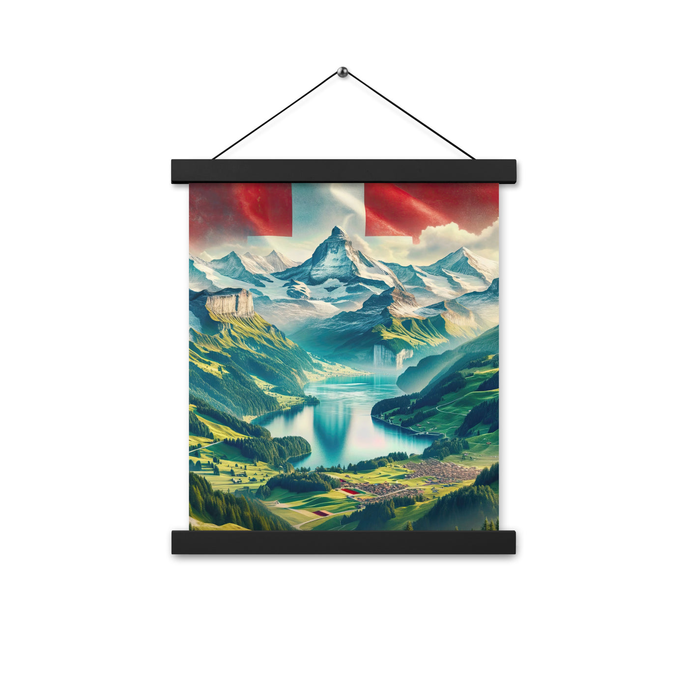 Berg Panorama: Schneeberge und Täler mit Schweizer Flagge - Premium Poster mit Aufhängung berge xxx yyy zzz 27.9 x 35.6 cm