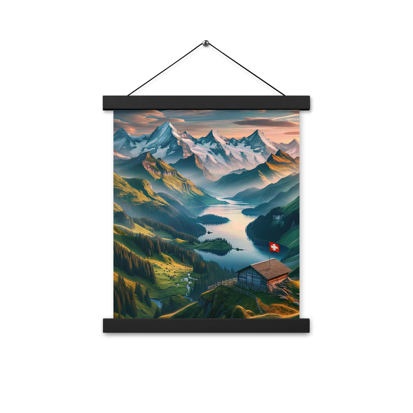 Schweizer Flagge, Alpenidylle: Dämmerlicht, epische Berge und stille Gewässer - Premium Poster mit Aufhängung berge xxx yyy zzz 27.9 x 35.6 cm