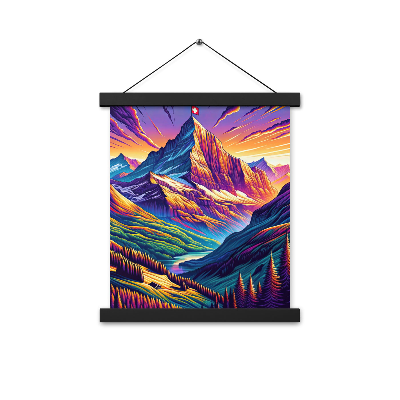 Bergpracht mit Schweizer Flagge: Farbenfrohe Illustration einer Berglandschaft - Premium Poster mit Aufhängung berge xxx yyy zzz 27.9 x 35.6 cm