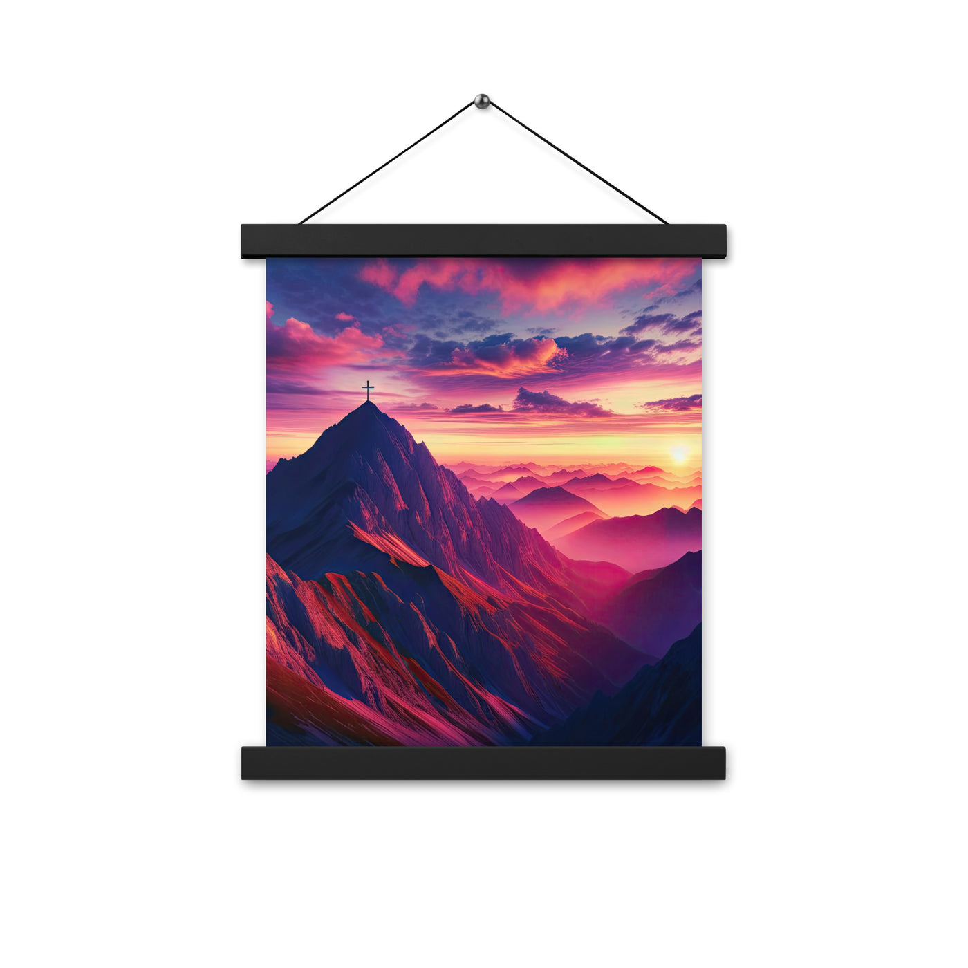 Dramatischer Alpen-Sonnenaufgang, Gipfelkreuz und warme Himmelsfarben - Premium Poster mit Aufhängung berge xxx yyy zzz 27.9 x 35.6 cm