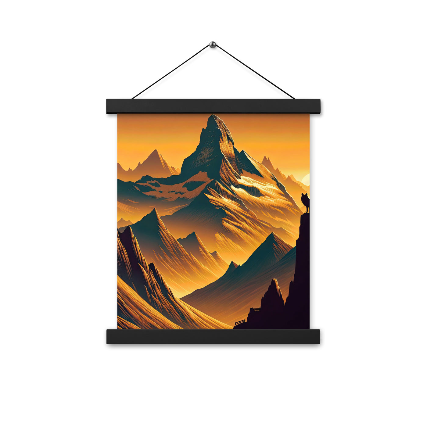 Fuchs in Alpen-Sonnenuntergang, goldene Berge und tiefe Täler - Premium Poster mit Aufhängung camping xxx yyy zzz 27.9 x 35.6 cm