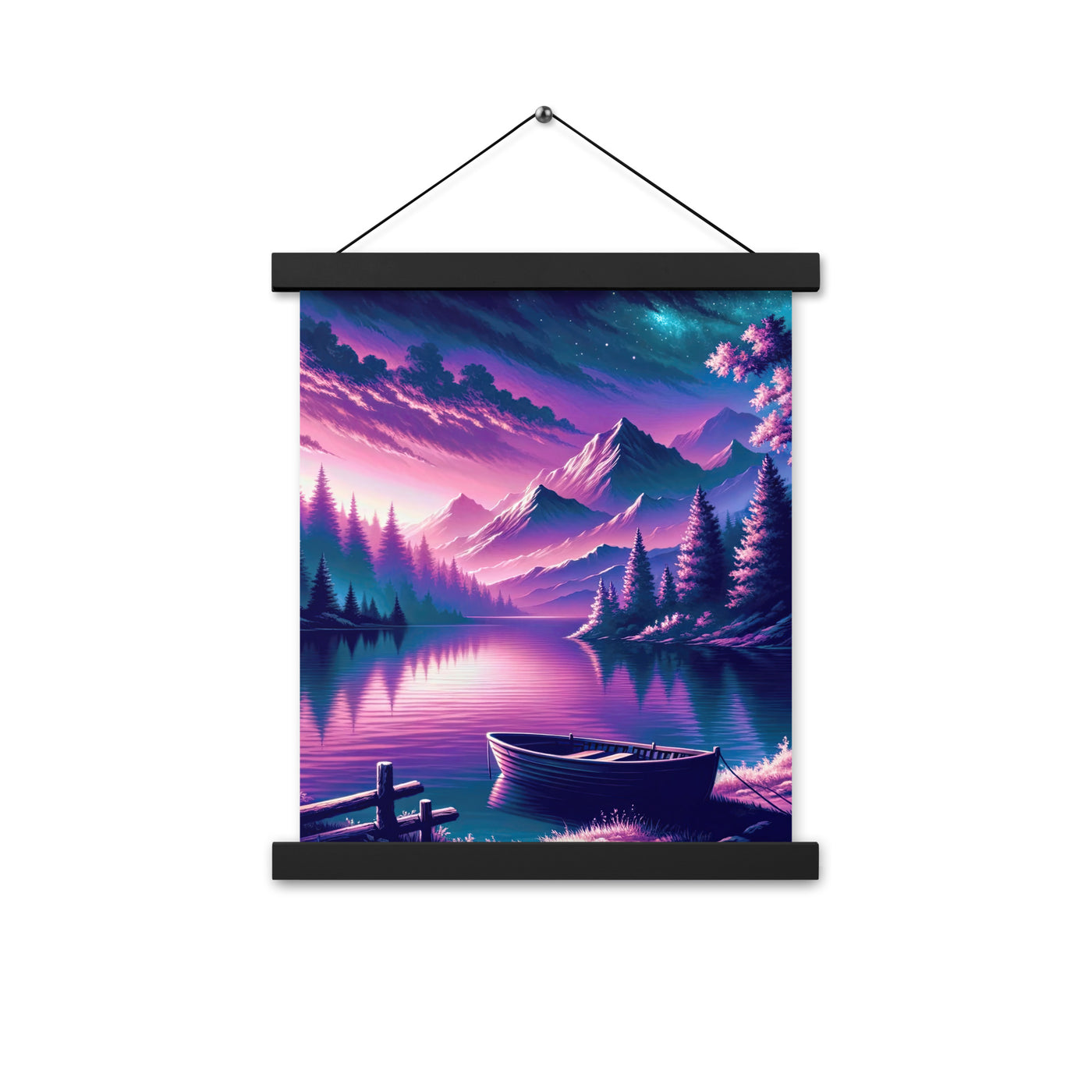 Magische Alpen-Dämmerung, rosa-lila Himmel und Bergsee mit Boot - Premium Poster mit Aufhängung berge xxx yyy zzz 27.9 x 35.6 cm