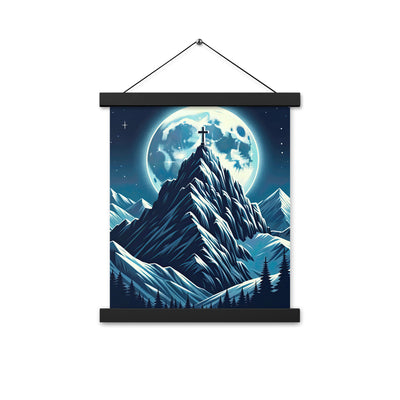 Mondnacht und Gipfelkreuz in den Alpen, glitzernde Schneegipfel - Premium Poster mit Aufhängung berge xxx yyy zzz 27.9 x 35.6 cm