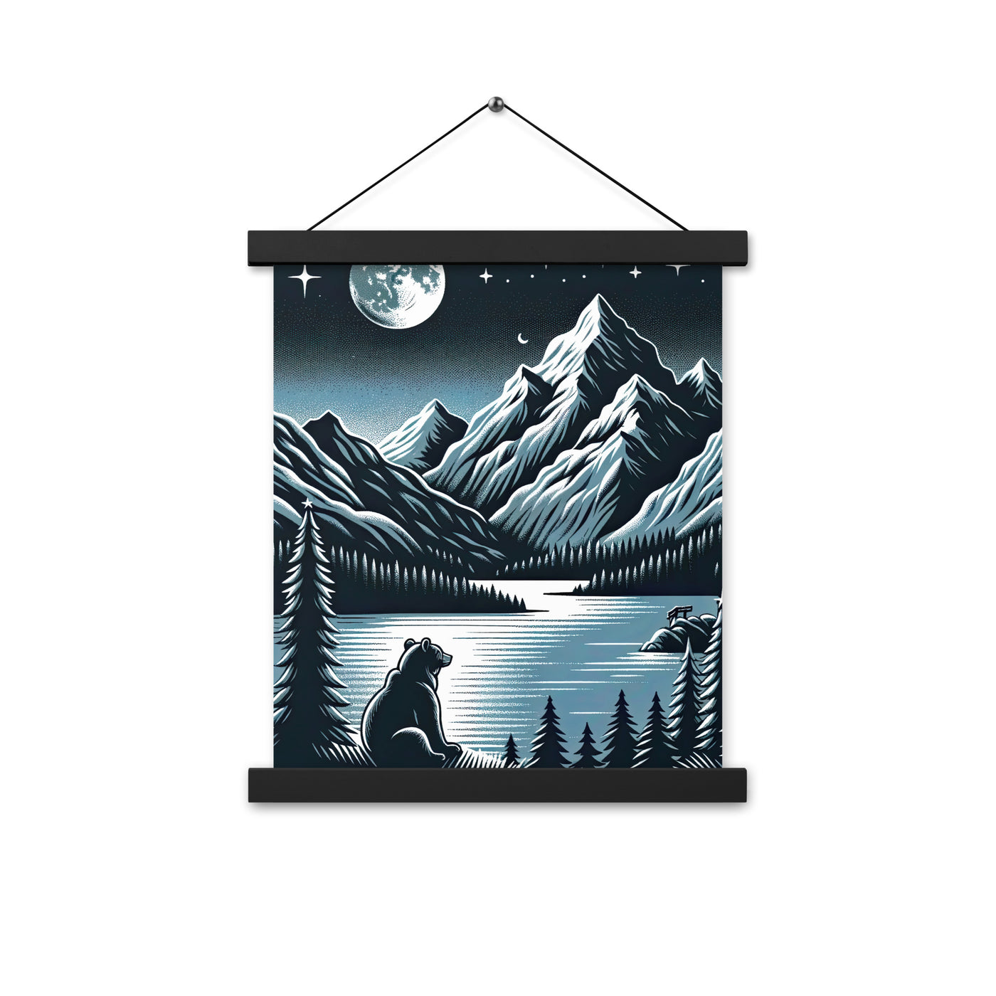 Bär in Alpen-Mondnacht, silberne Berge, schimmernde Seen - Premium Poster mit Aufhängung camping xxx yyy zzz 27.9 x 35.6 cm