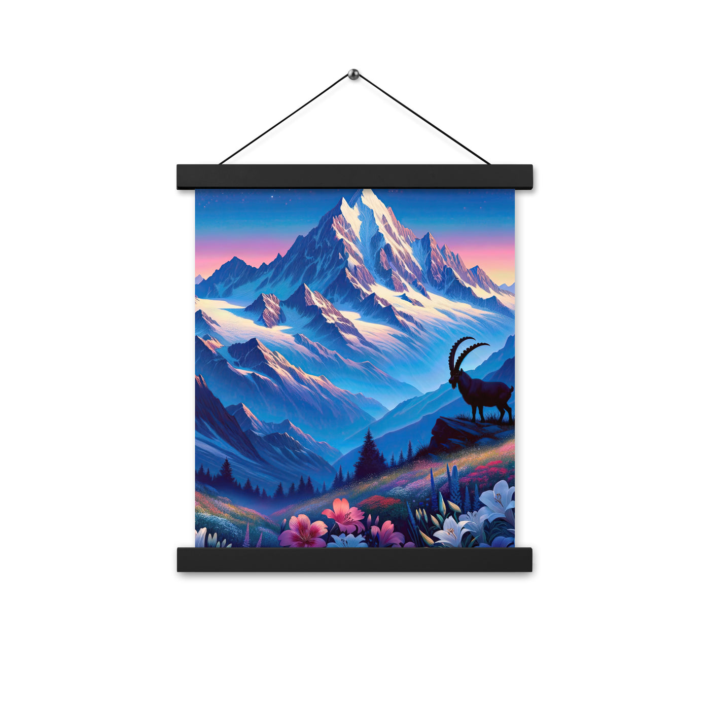 Steinbock bei Dämmerung in den Alpen, sonnengeküsste Schneegipfel - Premium Poster mit Aufhängung berge xxx yyy zzz 27.9 x 35.6 cm