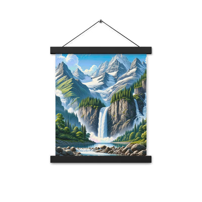 Illustration einer unberührten Alpenkulisse im Hochsommer. Wasserfall und See - Premium Poster mit Aufhängung berge xxx yyy zzz 27.9 x 35.6 cm