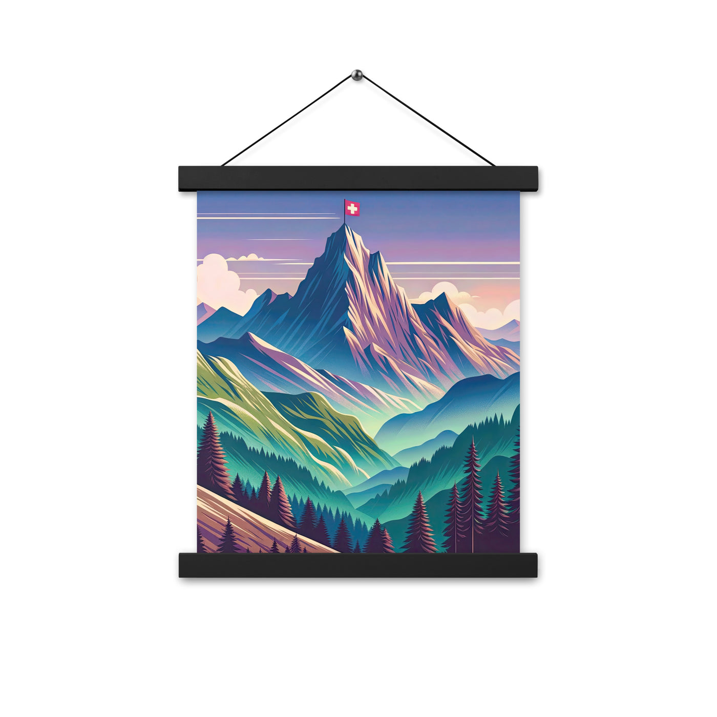 Harmonische Berglandschaft mit Schweizer Flagge auf Gipfel - Premium Poster mit Aufhängung berge xxx yyy zzz 27.9 x 35.6 cm