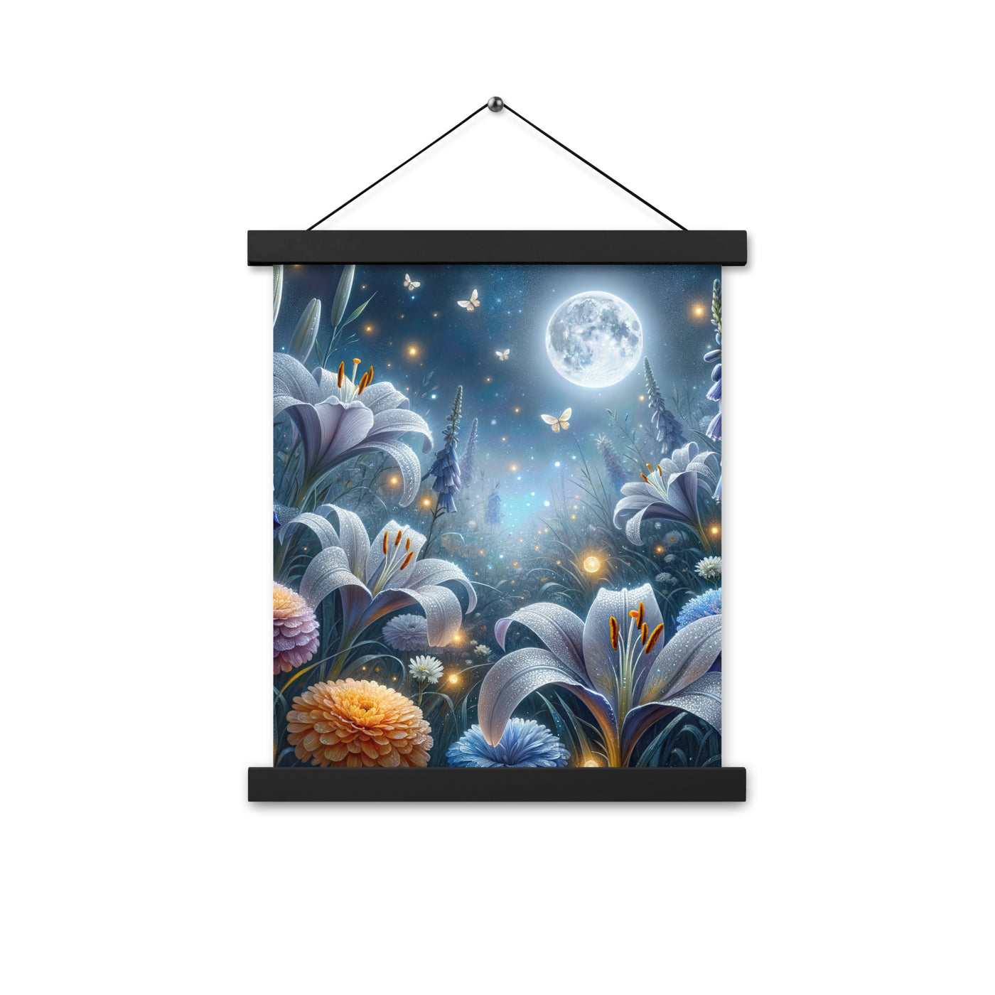 Ätherische Mondnacht auf blühender Wiese, silbriger Blumenglanz - Premium Poster mit Aufhängung camping xxx yyy zzz 27.9 x 35.6 cm
