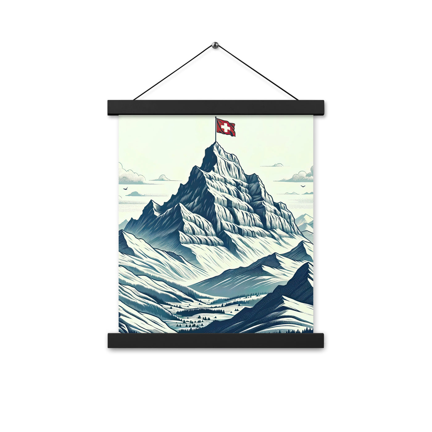 Ausgedehnte Bergkette mit dominierendem Gipfel und wehender Schweizer Flagge - Premium Poster mit Aufhängung berge xxx yyy zzz 27.9 x 35.6 cm