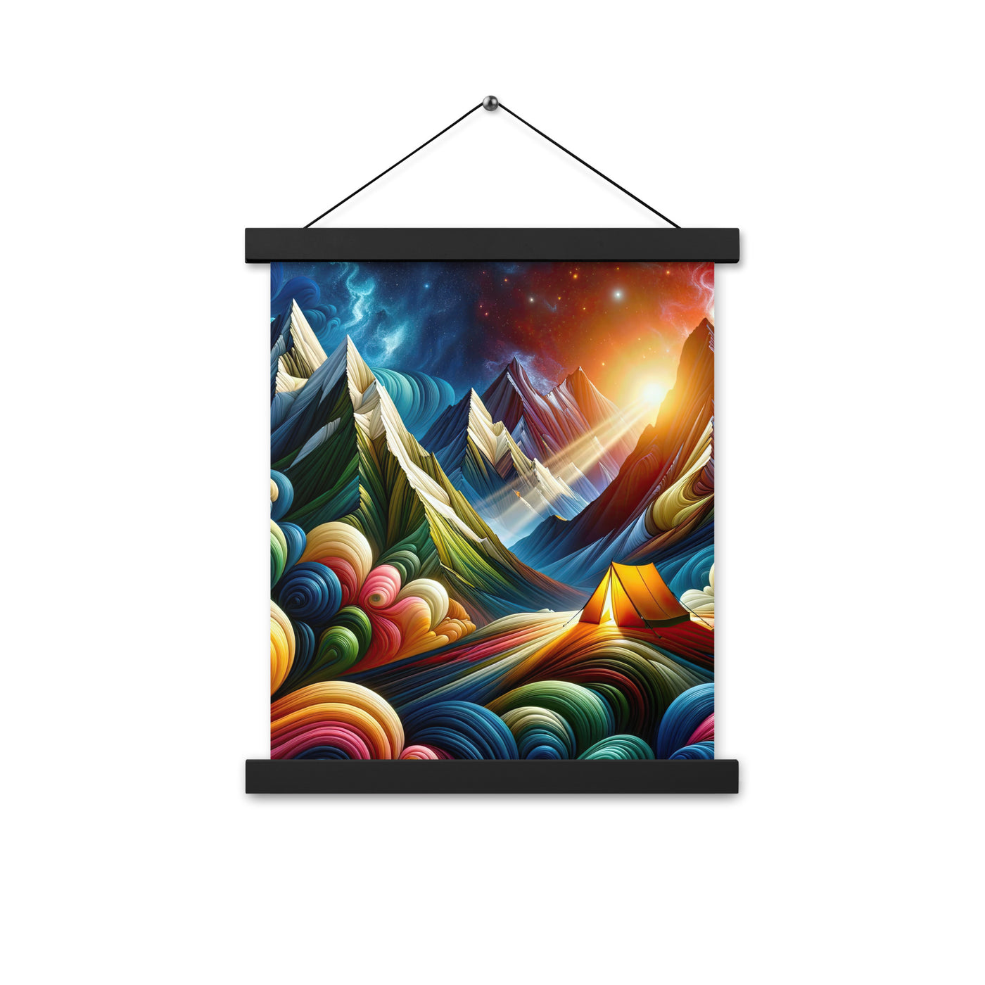Abstrakte Bergwelt in lebendigen Farben mit Zelt - Premium Poster mit Aufhängung camping xxx yyy zzz 27.9 x 35.6 cm