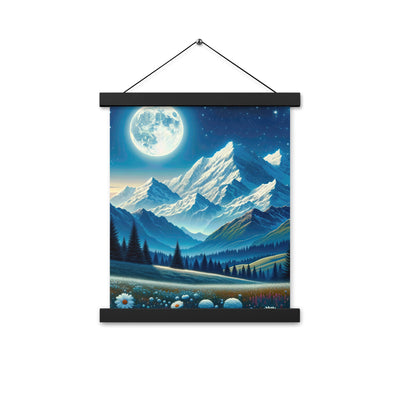 Klare frühlingshafte Alpennacht mit Blumen und Vollmond über Schneegipfeln - Premium Poster mit Aufhängung berge xxx yyy zzz 27.9 x 35.6 cm