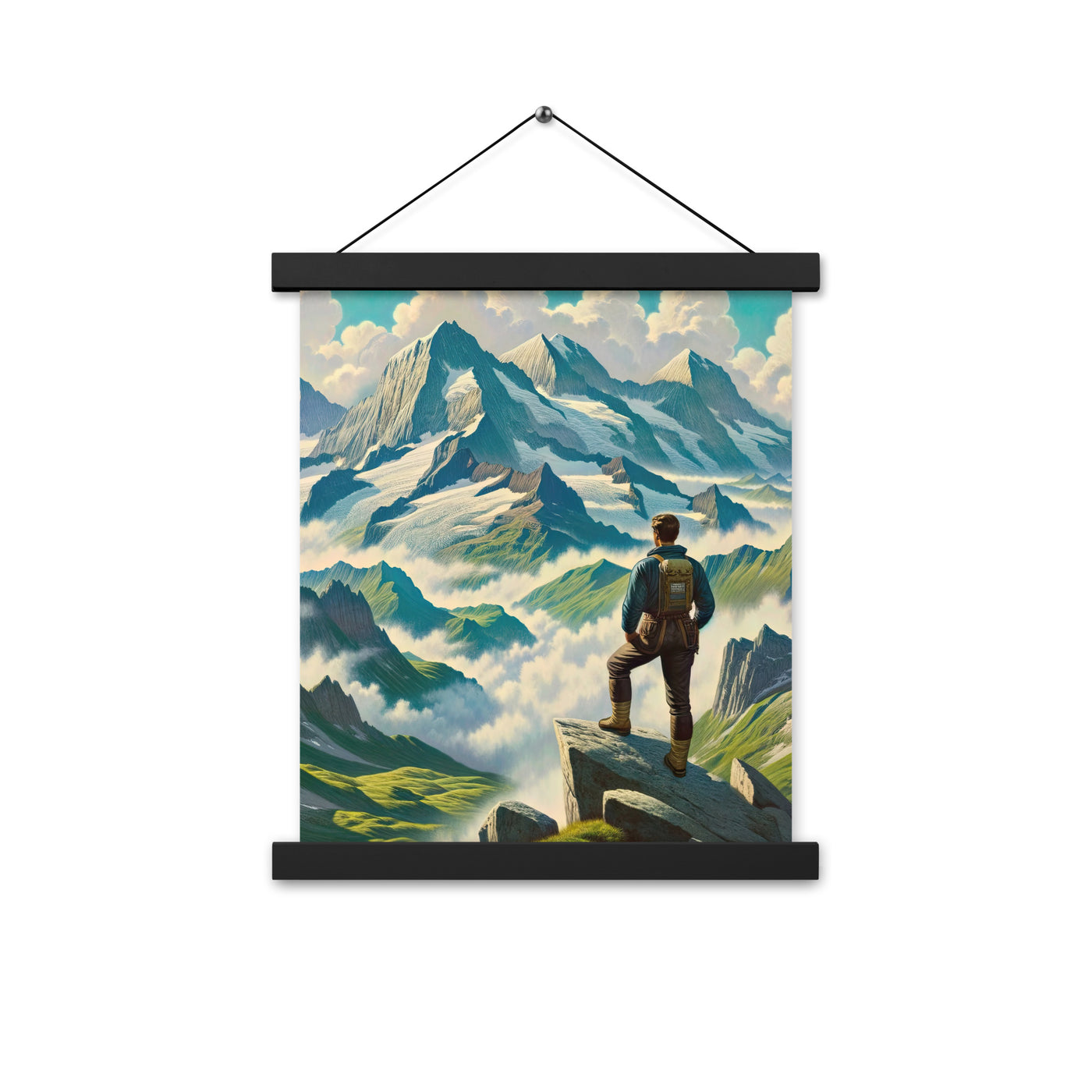Panoramablick der Alpen mit Wanderer auf einem Hügel und schroffen Gipfeln - Premium Poster mit Aufhängung wandern xxx yyy zzz 27.9 x 35.6 cm