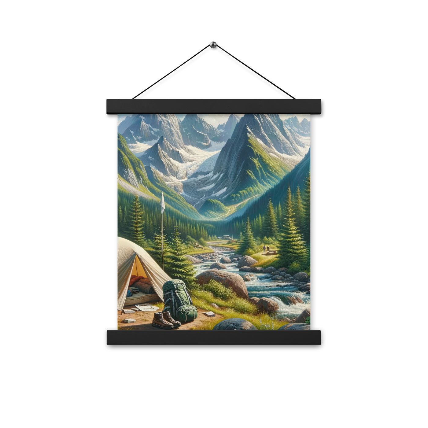Ölgemälde der Alpensommerlandschaft mit Zelt, Gipfeln, Wäldern und Bächen - Premium Poster mit Aufhängung camping xxx yyy zzz 27.9 x 35.6 cm