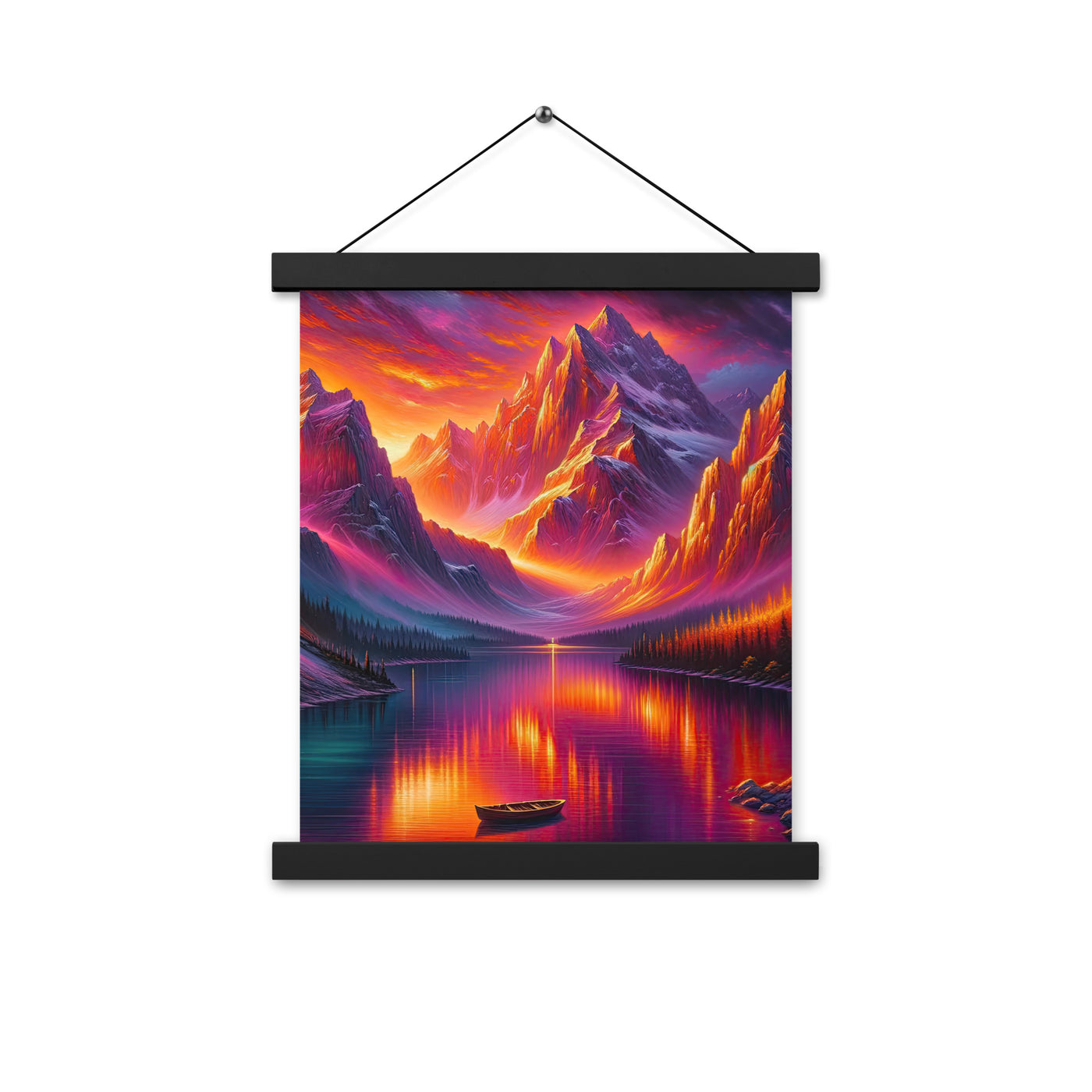 Ölgemälde eines Bootes auf einem Bergsee bei Sonnenuntergang, lebendige Orange-Lila Töne - Premium Poster mit Aufhängung berge xxx yyy zzz 27.9 x 35.6 cm