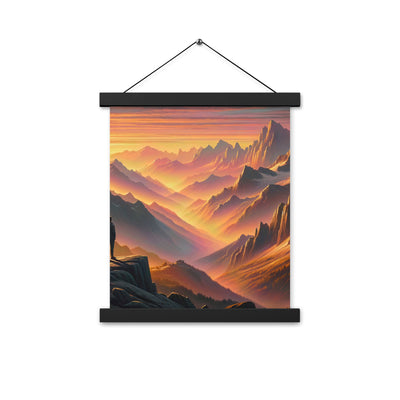 Ölgemälde der Alpen in der goldenen Stunde mit Wanderer, Orange-Rosa Bergpanorama - Premium Poster mit Aufhängung wandern xxx yyy zzz 27.9 x 35.6 cm