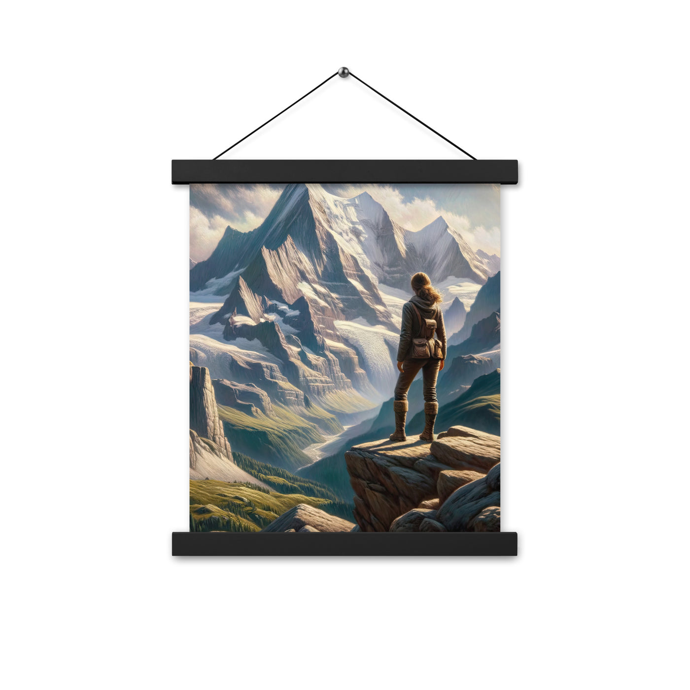 Ölgemälde der Alpengipfel mit Schweizer Abenteurerin auf Felsvorsprung - Premium Poster mit Aufhängung wandern xxx yyy zzz 27.9 x 35.6 cm
