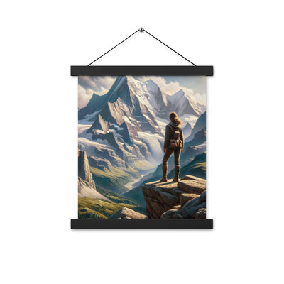 Ölgemälde der Alpengipfel mit Schweizer Abenteurerin auf Felsvorsprung - Premium Poster mit Aufhängung wandern xxx yyy zzz 27.9 x 35.6 cm