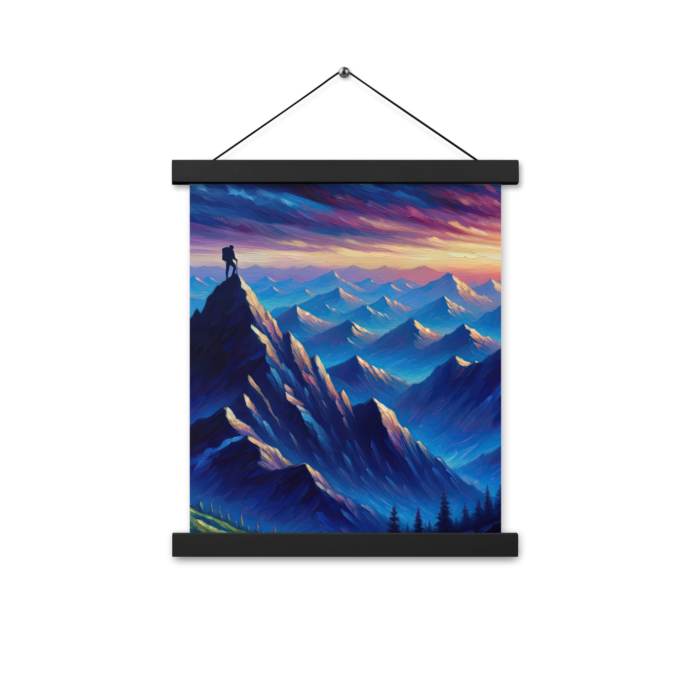 Ölgemälde eines ruhigen Alpenabends mit Bergsteigersilhouette auf dem Gipfel - Premium Poster mit Aufhängung wandern xxx yyy zzz 27.9 x 35.6 cm
