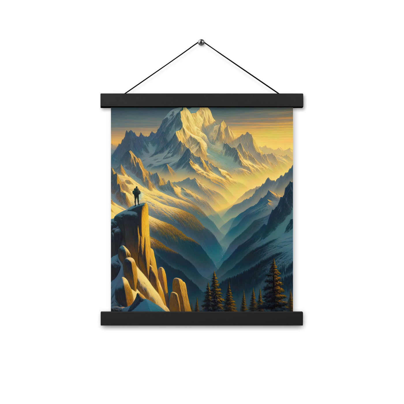 Ölgemälde eines Wanderers bei Morgendämmerung auf Alpengipfeln mit goldenem Sonnenlicht - Premium Poster mit Aufhängung wandern xxx yyy zzz 27.9 x 35.6 cm