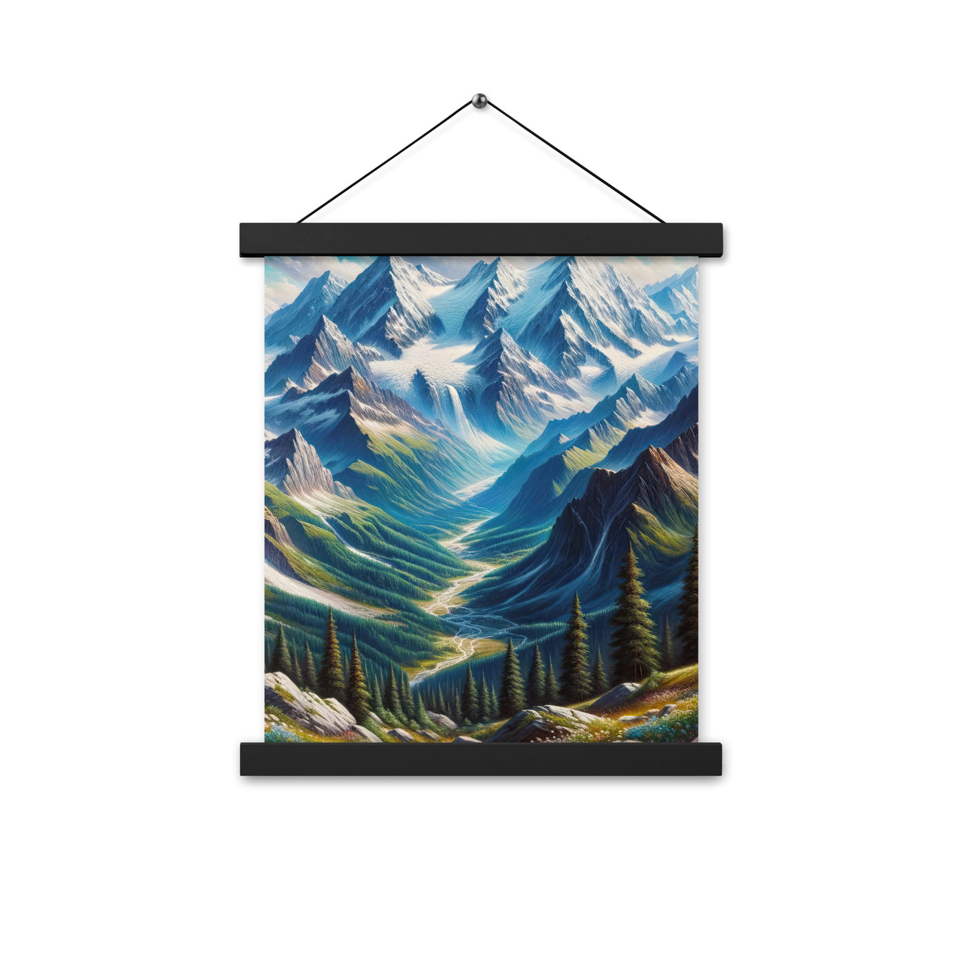 Panorama-Ölgemälde der Alpen mit schneebedeckten Gipfeln und schlängelnden Flusstälern - Premium Poster mit Aufhängung berge xxx yyy zzz 27.9 x 35.6 cm