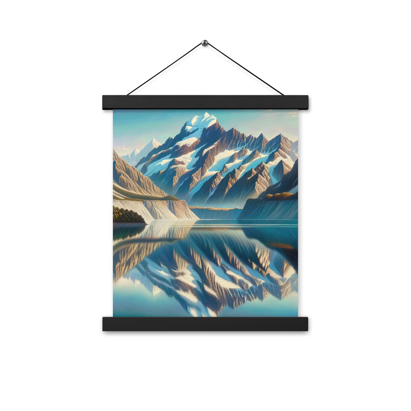 Ölgemälde eines unberührten Sees, der die Bergkette spiegelt - Premium Poster mit Aufhängung berge xxx yyy zzz 27.9 x 35.6 cm