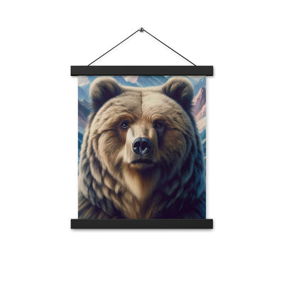 Foto eines Bären vor abstrakt gemalten Alpenbergen, Oberkörper im Fokus - Premium Poster mit Aufhängung camping xxx yyy zzz 27.9 x 35.6 cm